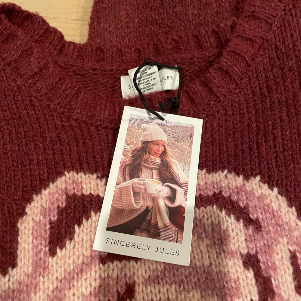 NWT Sincerly Jules Burgundy Pink Cream Crop Sweater Rosette Barrette Duo M - Picture 2 of 8